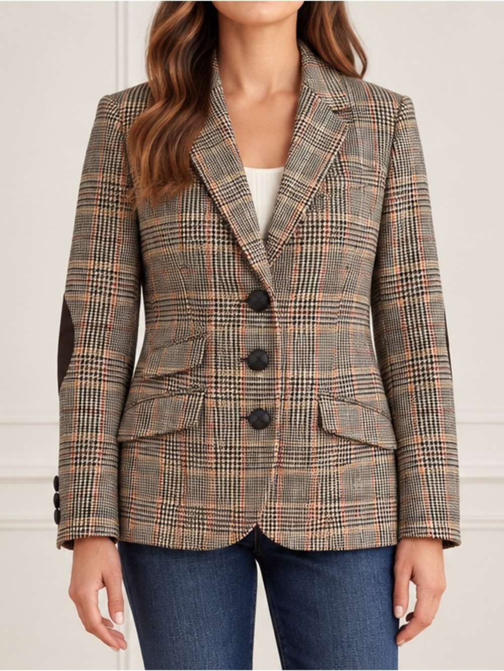 Talbots Petites Blazer 12P Plaid Wool Blend Elbow Patch Riding Equestrian Jacket